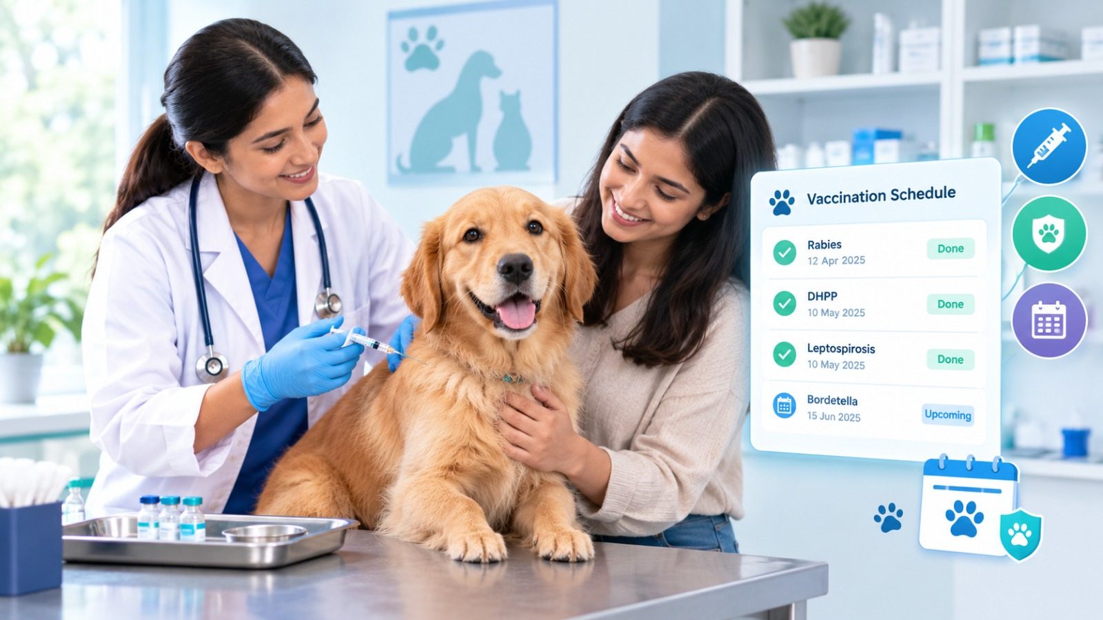 Veterinary doctor vaccinating a golden retriever while the pet owner looks on, with a pet vaccination schedule on screen
