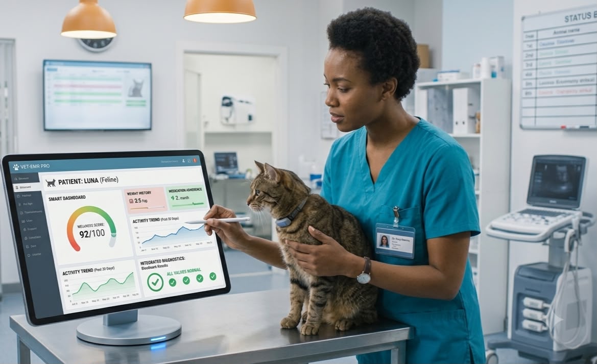 Veterinary pet records and client management
